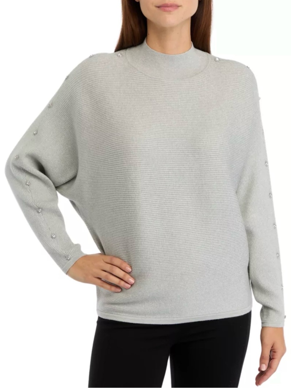 Philosophy Light Gray Embellished Mock Neck Sweater